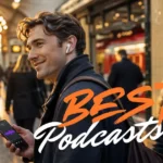 Person listening to a podcast on earbuds while walking through a London Underground station — best UK podcasts 2026