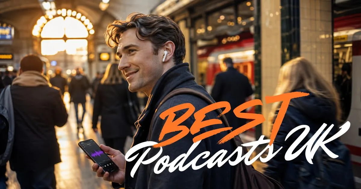 Person listening to a podcast on earbuds while walking through a London Underground station — best UK podcasts 2026