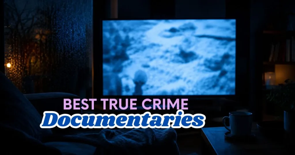 Dimly lit living room at night with a television casting a blue glow and an untouched cup of tea — best true crime documentaries 2026