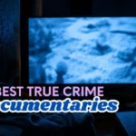 Dimly lit living room at night with a television casting a blue glow and an untouched cup of tea — best true crime documentaries 2026