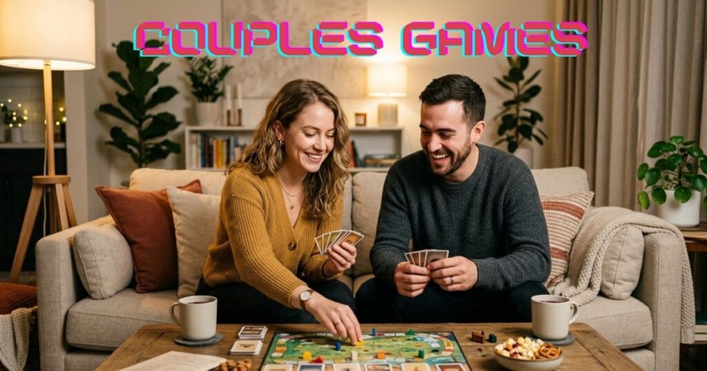 Couple playing a fun game together during a cozy at-home date night.