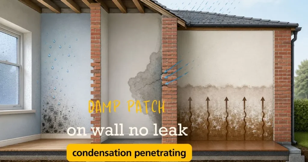 Cross-section diagram showing three causes of a damp patch on a wall with no leak — condensation on a cold internal surface, penetrating damp through cracked mortar, and rising damp from groundwater climbing past a failed damp-proof course