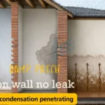 Cross-section diagram showing three causes of a damp patch on a wall with no leak — condensation on a cold internal surface, penetrating damp through cracked mortar, and rising damp from groundwater climbing past a failed damp-proof course