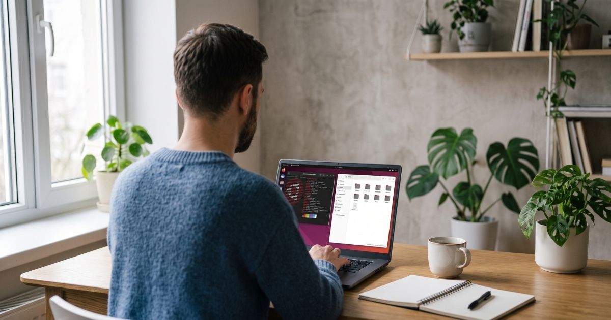 Beginner learning Linux on a laptop with desktop and terminal open