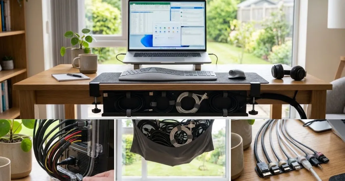 No-drill cable management setup hiding wires under a home office desk