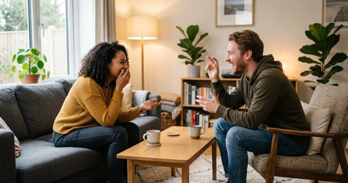 Two people playing a fun game together without cards or equipment